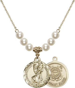18" Hamilton Gold Plated Necklace with 6mm Faux-Pearl Beads featuring a 14kt Gold Filled Saint Christopher / Coast Guard Medal.