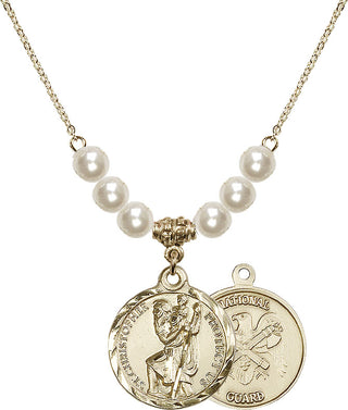 18" Hamilton Gold Plated Necklace with 6mm Faux-Pearl Beads featuring a 14kt Gold Filled Saint Christopher / Nat'l Guard Medal.