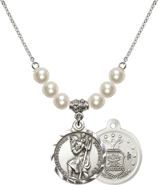 18" Rhodium Plated Necklace with 6mm Faux-Pearl Beads featuring a Sterling Silver Saint Christopher / Air Force Medal.