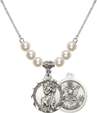 18" Rhodium Plated Necklace with 6mm Faux-Pearl Beads featuring a Sterling Silver Saint Christopher / Army Medal.