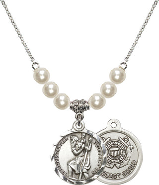 18" Rhodium Plated Necklace with 6mm Faux-Pearl Beads featuring a Sterling Silver Saint Christopher / Coast Guard Medal.