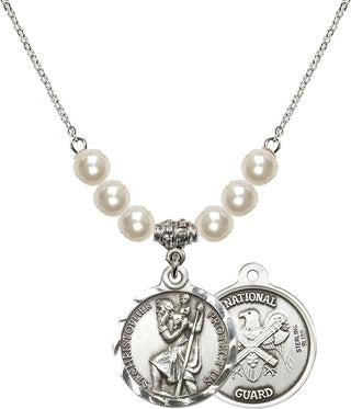 18" Rhodium Plated Necklace with 6mm Faux-Pearl Beads featuring a Sterling Silver Saint Christopher / Nat'l Guard Medal.