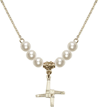 18" Hamilton Gold Plated Necklace with 6mm Faux-Pearl Beads featuring a 14kt Gold Filled Saint Brigid Cross Medal.