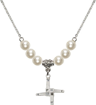 18" Rhodium Plated Necklace with 6mm Faux-Pearl Beads featuring a Sterling Silver Saint Brigid Cross Medal.