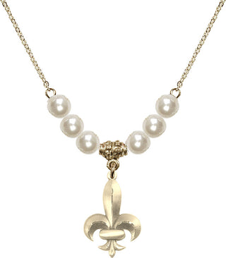 18" Hamilton Gold Plated Necklace with 6mm Faux-Pearl Beads featuring a 14kt Gold Filled Fleur de Lis Medal.
