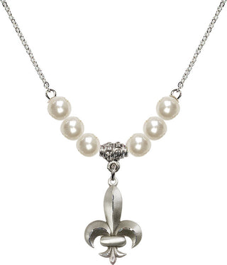 18" Rhodium Plated Necklace with 6mm Faux-Pearl Beads featuring a Sterling Silver Fleur de Lis Medal.
