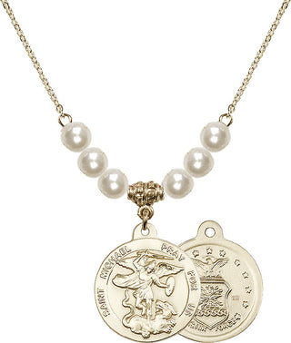 18" Hamilton Gold Plated Necklace with 6mm Faux-Pearl Beads featuring a 14kt Gold Filled Saint Michael / Air Force Medal.