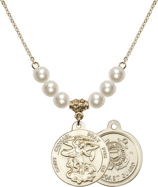 18" Hamilton Gold Plated Necklace with 6mm Faux-Pearl Beads featuring a 14kt Gold Filled Saint Michael / Coast Guard Medal.