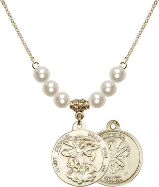 18" Hamilton Gold Plated Necklace with 6mm Faux-Pearl Beads featuring a 14kt Gold Filled Saint Michael / Nat'l Guard Medal.
