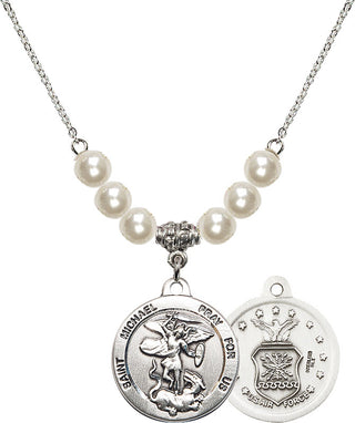 18" Rhodium Plated Necklace with 6mm Faux-Pearl Beads featuring a Sterling Silver Saint Michael / Air Force Medal.