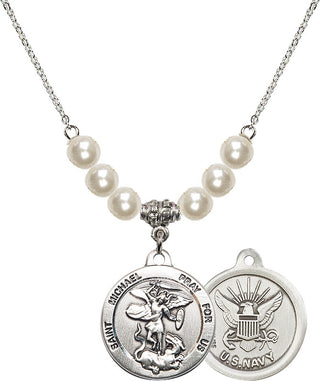 18" Rhodium Plated Necklace with 6mm Faux-Pearl Beads featuring a Sterling Silver Saint Michael / Navy Medal.