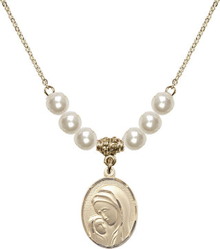 18" Hamilton Gold Plated Necklace with 6mm Faux-Pearl Beads featuring a 14kt Gold Filled Madonna & Child Medal.