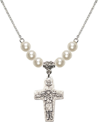 18" Rhodium Plated Necklace with 6mm Faux-Pearl Beads featuring a Sterling Silver Papal Crucifix Medal.