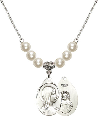 18" Rhodium Plated Necklace with 6mm Faux-Pearl Beads featuring a Sterling Silver Sorrowful Mother Medal.