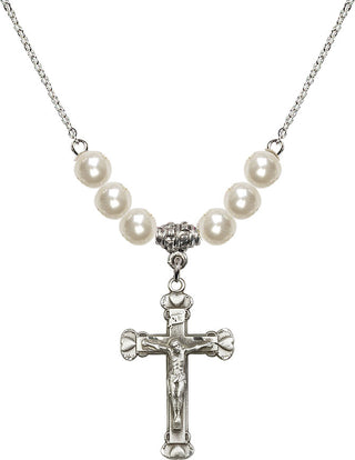 18" Rhodium Plated Necklace with 6mm Faux-Pearl Beads featuring a Sterling Silver Crucifix Medal.