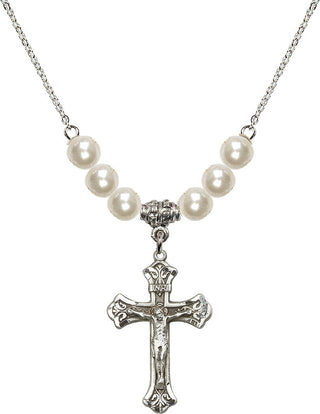 18" Rhodium Plated Necklace with 6mm Faux-Pearl Beads featuring a Sterling Silver Crucifix Medal.