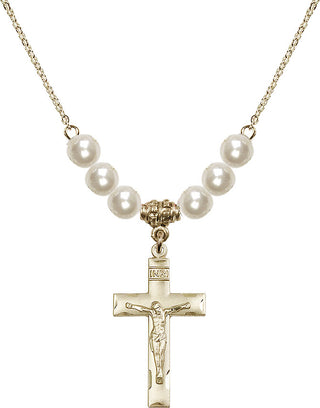18" Hamilton Gold Plated Necklace with 6mm Faux-Pearl Beads featuring a 14kt Gold Filled Crucifix Medal.