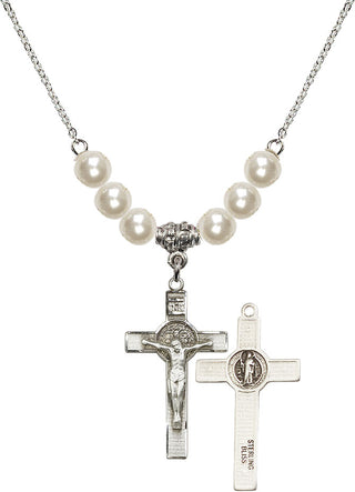 18" Rhodium Plated Necklace with 6mm Faux-Pearl Beads featuring a Sterling Silver Saint Benedict Crucifix Medal.