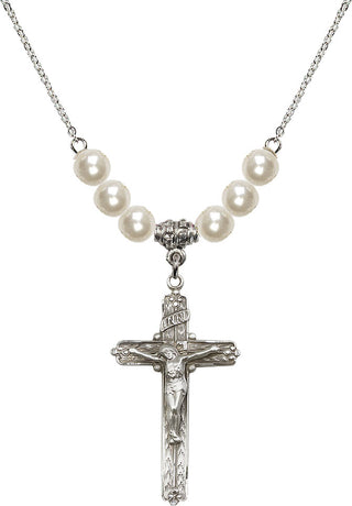 18" Rhodium Plated Necklace with 6mm Faux-Pearl Beads featuring a Sterling Silver Crucifix Medal.