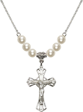 18" Rhodium Plated Necklace with 6mm Faux-Pearl Beads featuring a Sterling Silver Crucifix Medal.