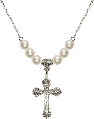 18" Rhodium Plated Necklace with 6mm Faux-Pearl Beads featuring a Sterling Silver Crucifix Medal.