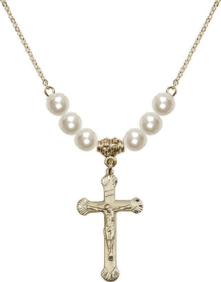 18" Hamilton Gold Plated Necklace with 6mm Faux-Pearl Beads featuring a 14kt Gold Filled Crucifix Medal.