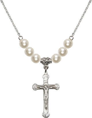 18" Rhodium Plated Necklace with 6mm Faux-Pearl Beads featuring a Sterling Silver Crucifix Medal.