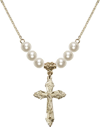 18" Hamilton Gold Plated Necklace with 6mm Faux-Pearl Beads featuring a 14kt Gold Filled Crucifix Medal.