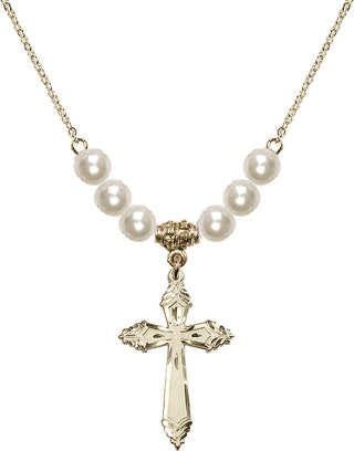 18" Hamilton Gold Plated Necklace with 6mm Faux-Pearl Beads featuring a 14kt Gold Filled Cross Medal.
