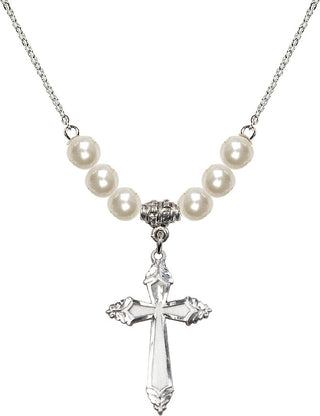 18" Rhodium Plated Necklace with 6mm Faux-Pearl Beads featuring a Sterling Silver Cross Medal.