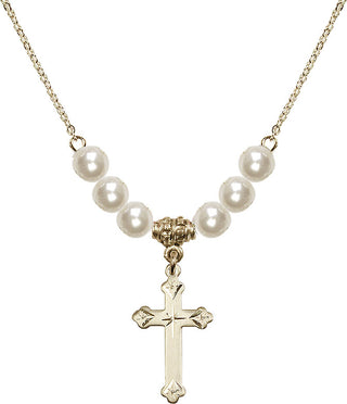 18" Hamilton Gold Plated Necklace with 6mm Faux-Pearl Beads featuring a 14kt Gold Filled Cross Medal.