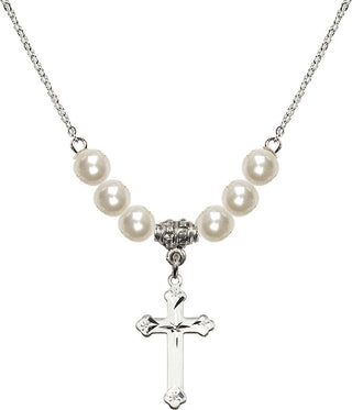 18" Rhodium Plated Necklace with 6mm Faux-Pearl Beads featuring a Sterling Silver Cross Medal.