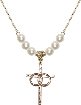 18" Hamilton Gold Plated Necklace with 6mm Faux-Pearl Beads featuring a 14kt Gold Filled Wedding Rings Cross Medal.