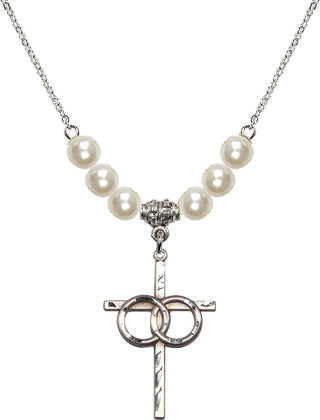 18" Rhodium Plated Necklace with 6mm Faux-Pearl Beads featuring a Sterling Silver Wedding Rings Cross Medal.