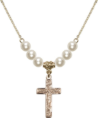18" Hamilton Gold Plated Necklace with 6mm Faux-Pearl Beads featuring a 14kt Gold Filled Crucifix Medal.