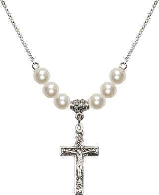 18" Rhodium Plated Necklace with 6mm Faux-Pearl Beads featuring a Sterling Silver Crucifix Medal.