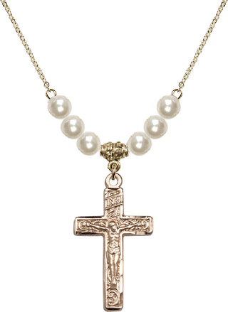 18" Hamilton Gold Plated Necklace with 6mm Faux-Pearl Beads featuring a 14kt Gold Filled Crucifix Medal.