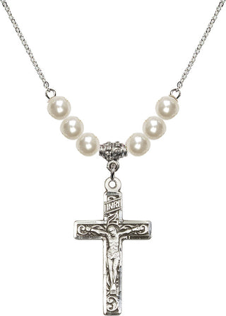 18" Rhodium Plated Necklace with 6mm Faux-Pearl Beads featuring a Sterling Silver Crucifix Medal.