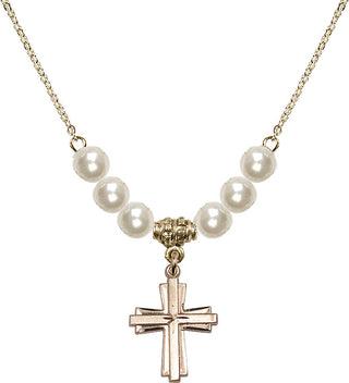 18" Hamilton Gold Plated Necklace with 6mm Faux-Pearl Beads featuring a 14kt Gold Filled Cross Medal.