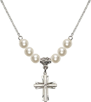 18" Rhodium Plated Necklace with 6mm Faux-Pearl Beads featuring a Sterling Silver Cross Medal.