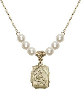 18" Hamilton Gold Plated Necklace with 6mm Faux-Pearl Beads featuring a 14kt Gold Filled Saint Ann Medal. Engraved Catholic Saint Jewelry
