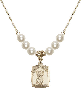 18" Hamilton Gold Plated Necklace with 6mm Faux-Pearl Beads featuring a 14kt Gold Filled Saint Christopher Medal. Engraved Catholic Saint Jewelry