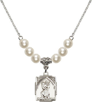 18" Rhodium Plated Necklace with 6mm Faux-Pearl Beads featuring a Sterling Silver Saint Christopher Medal. Engraved Catholic Saint Jewelry
