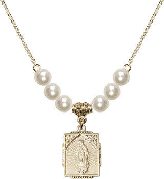 18" Hamilton Gold Plated Necklace with 6mm Faux-Pearl Beads featuring a 14kt Gold Filled Our Lady of Guadalupe Medal. Engraved Catholic Saint Jewelry