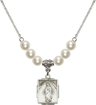 18" Rhodium Plated Necklace with 6mm Faux-Pearl Beads featuring a Sterling Silver Our Lady of Guadalupe Medal. Engraved Catholic Saint Jewelry