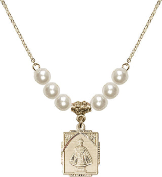 18" Hamilton Gold Plated Necklace with 6mm Faux-Pearl Beads featuring a 14kt Gold Filled Infant of Prague Medal. Engraved Catholic Saint Jewelry
