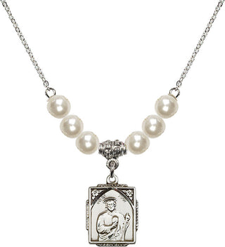 18" Rhodium Plated Necklace with 6mm Faux-Pearl Beads featuring a Sterling Silver Saint Jude Medal. Engraved Catholic Saint Jewelry