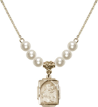 18" Hamilton Gold Plated Necklace with 6mm Faux-Pearl Beads featuring a 14kt Gold Filled Saint Joseph Medal. Engraved Catholic Saint Jewelry