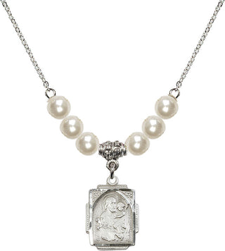 18" Rhodium Plated Necklace with 6mm Faux-Pearl Beads featuring a Sterling Silver Saint Joseph Medal. Engraved Catholic Saint Jewelry