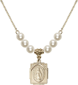 18" Hamilton Gold Plated Necklace with 6mm Faux-Pearl Beads featuring a 14kt Gold Filled Miraculous Medal. Engraved Catholic Saint Jewelry